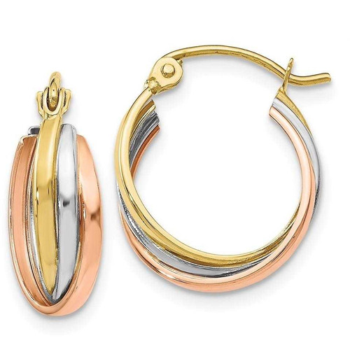 Image of 14mm 10k Yellow, White & Rose Gold Polished Hinged Hoop Earrings