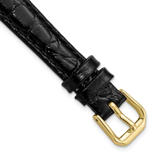 Image of 12mm 6.75" Black Alligator Style Grain Leather Gold-tone Buckle Watch Band