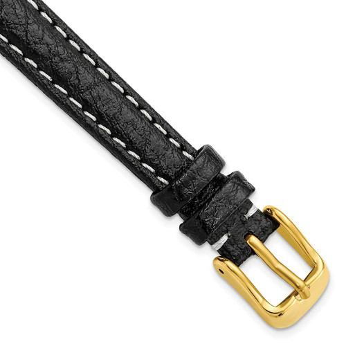 Image of 12mm 6.75" Black Leather White Stitch Gold-tone Buckle Watch Band