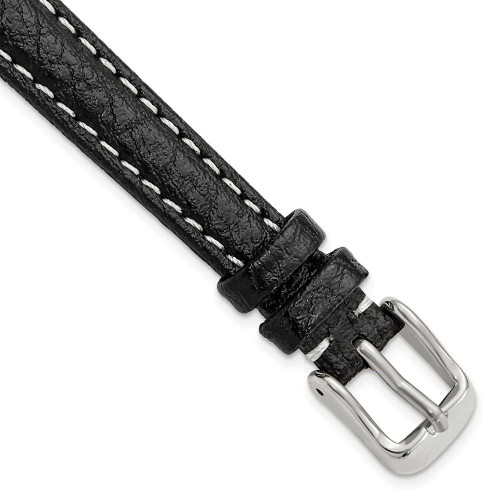 Image of 12mm 6.75" Black Leather White Stitch Silver-tone Buckle Watch Band
