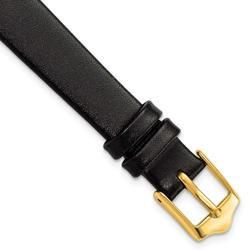 Image of 12mm 6.75" Flat Black Leather Gold-tone Buckle Watch Band