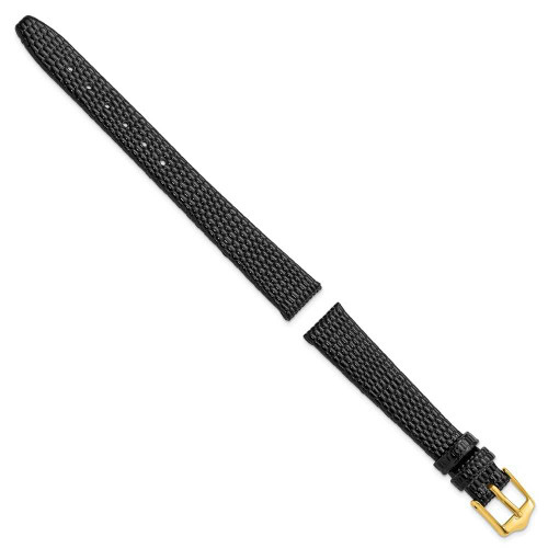 Image of 12mm 6.75" Flat Black Lizard Style Grain Leather Gold-tone Buckle Watch Band