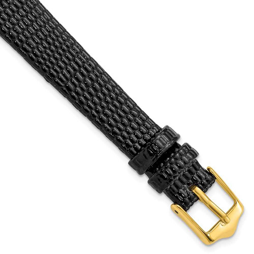 Image of 12mm 6.75" Flat Black Lizard Style Grain Leather Gold-tone Buckle Watch Band