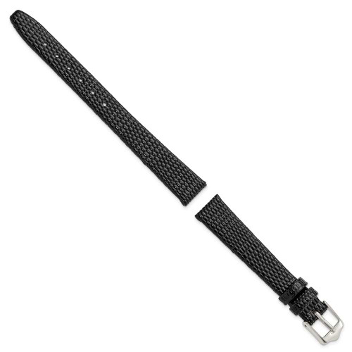 Image of 12mm 6.75" Flat Black Lizard Style Grain Leather Silver-tone Buckle Watch Band