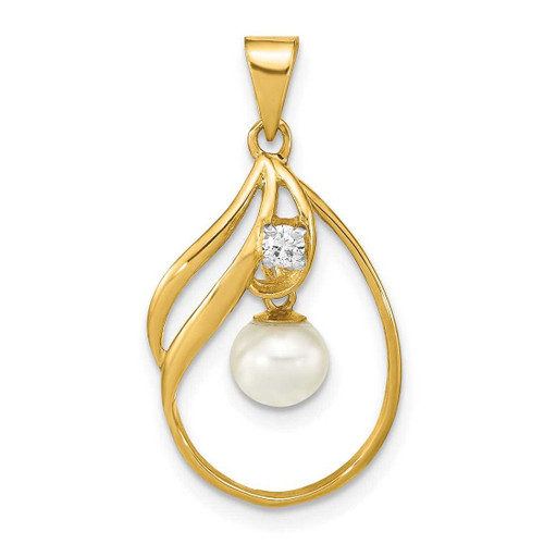 Image of 14K Gold 5-6mm Round White Freshwater Cultured Pearl .05ctw Diamond Pendant