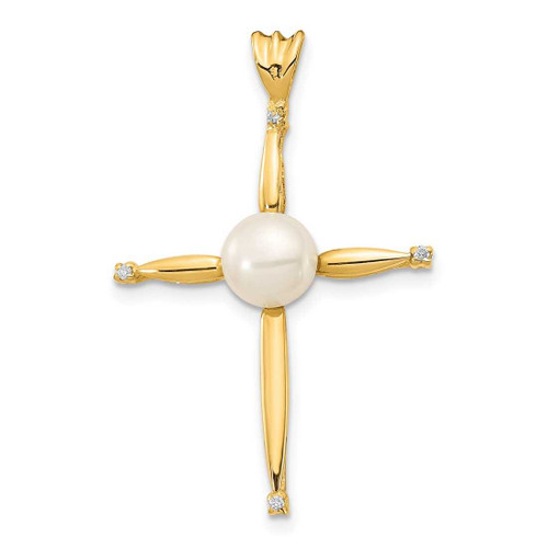 Image of 14k Gold 6-7mm Button Freshwater Cultured Pearl .02ctw Diamond Cross Pendant