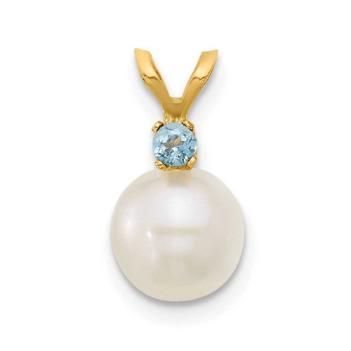 Image of 14K Gold 6-7mm White Round Freshwater Cultured Pearl Swiss Blue Topaz Pendants