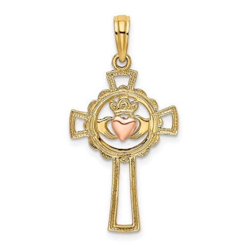 Image of 14k Two-tone Gold Cross w/ Claddagh & Heart Pendant