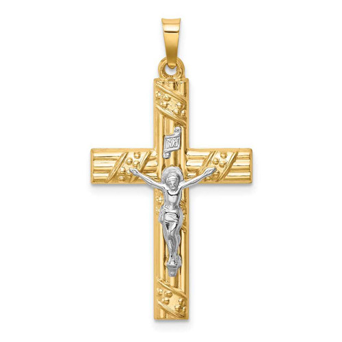 Image of 14k Two-tone Gold Hollow Polished Textured & Striped Latin Crucifix Pendant