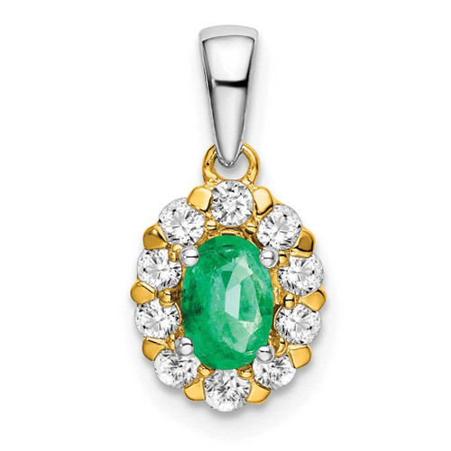 Image of 14K Two-tone Gold Oval Emerald and Diamond Halo Pendant