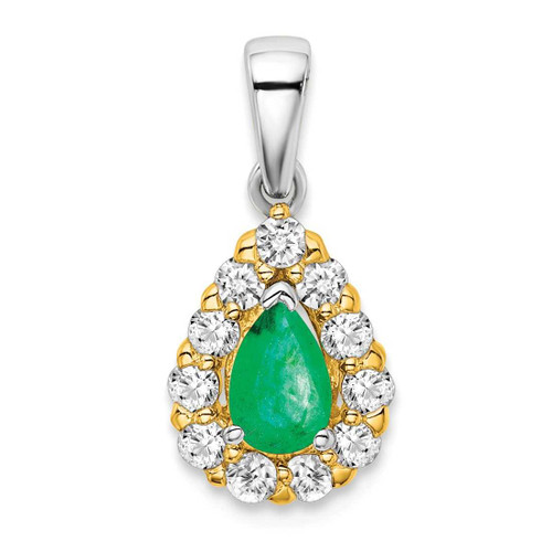 Image of 14K Two-tone Gold Pear Emerald and Diamond Halo Pendant