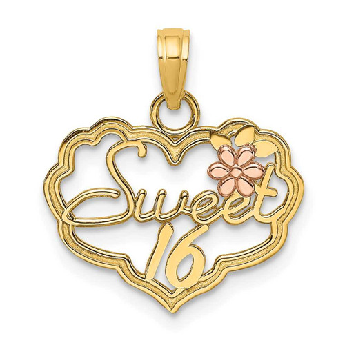 Image of 14k Two-tone Gold Sweet 16 Heart w/ Flower Pendant