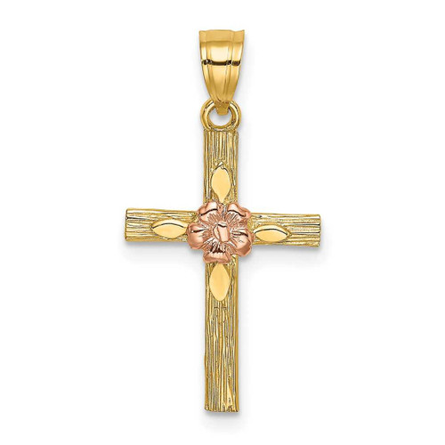 Image of 14k Two-tone Gold Textured Cross w/ Flower Pendant