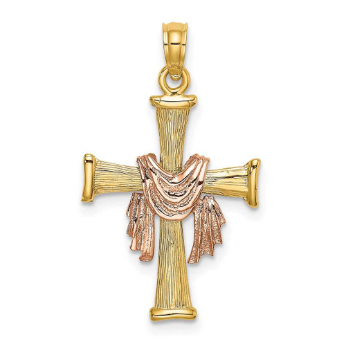 Image of 14k Two-Tone Gold Textured Finish Cross w/ Drape Pendant
