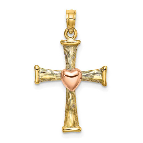 Image of 14k Two-tone Gold Textured Finish Cross w/ Heart Pendant