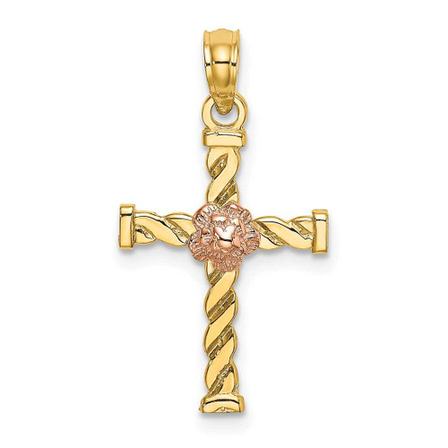 Image of 14k Two-tone Gold Twisted Cross w/ Flower Pendant