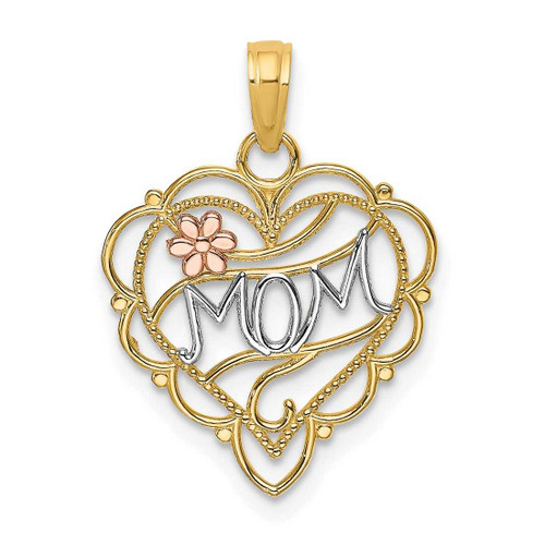 Image of 14k Two-tone Gold w/ Rhodium Mom Heart w/ Flower Pendant