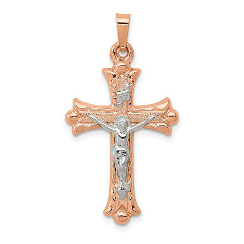 Image of 14K White & Rose Gold Hollow Fleur De Lis Crucifix Pendant