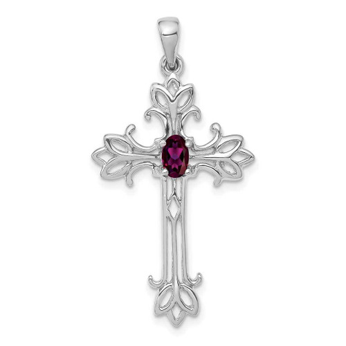 Image of 14K White Gold 5x3mm Oval Rhodolite Garnet cross pendant