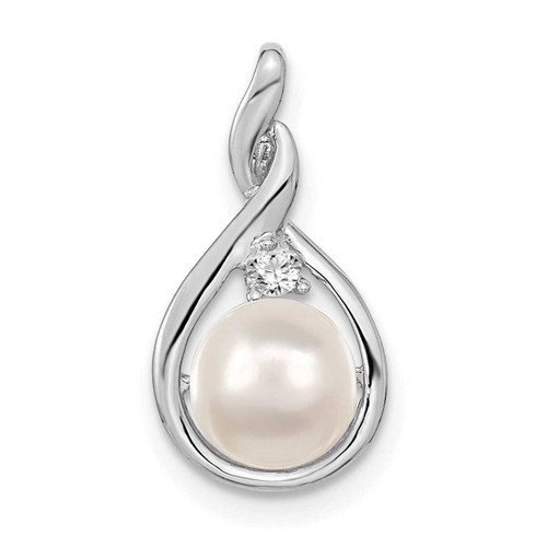 Image of 14K White Gold 7mm White Round Freshwater Cultured Pearl & AA Diamond Pendant