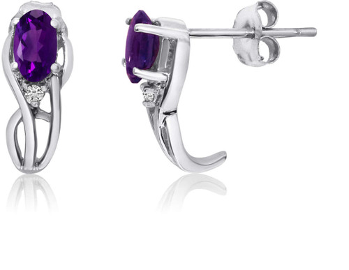 Image of 14K White Gold Curved Oval Amethyst & Diamond Earrings