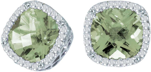 Image of 14K White Gold Cushion Cut Green Amethyst & Diamond Earrings