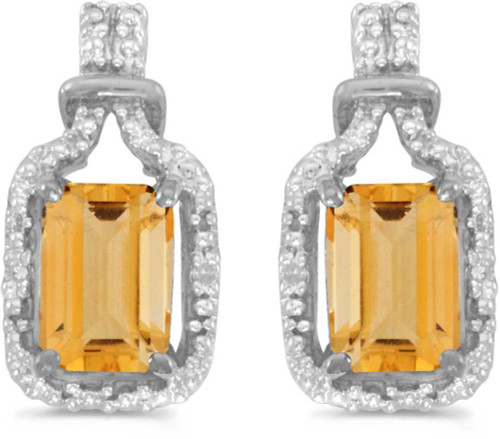 Image of 14k White Gold Emerald-cut Citrine And Diamond Stud Earrings