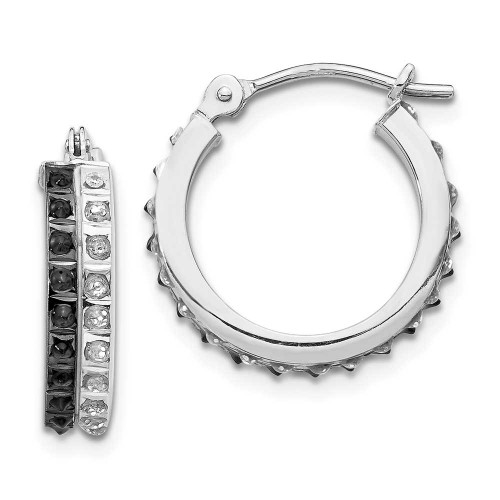 Image of 15mm 14K White Gold Fascination Black & White Diamond Round Hinged Hoop Earrings 253