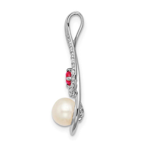 Image of 14K White Gold Freshwater Cultured Pearl Created Ruby & Diamond Slide Pendant