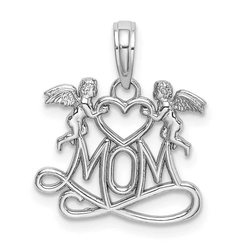 Image of 14K White Gold Mom w/ 2 Angels Holding Heart Pendant