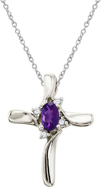 Image of 14K White Gold Oval Amethyst & Diamond Cross Pendant (Chain NOT included)