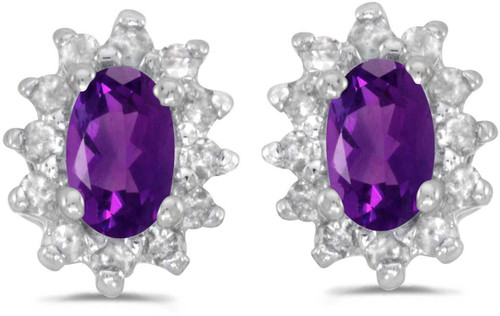 Image of 14k White Gold Oval Amethyst And Diamond Stud Earrings