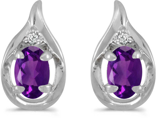 Image of 14k White Gold Oval Amethyst And Diamond Stud Earrings (CM-E1241XW-02)