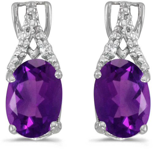 Image of 14k White Gold Oval Amethyst And Diamond Stud Earrings (CM-E2620XW-02)