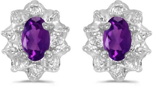 Image of 14k White Gold Oval Amethyst And Diamond Stud Earrings (CM-E911XW-02)