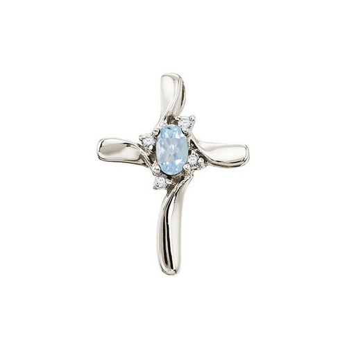 Image of 14K White Gold Oval Aquamarine & Diamond Cross Pendant (Chain NOT included)