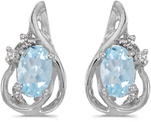 Image of 14k White Gold Oval Aquamarine And Diamond Teardrop Stud Earrings