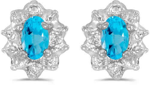 Image of 14k White Gold Oval Blue Topaz And Diamond Stud Earrings
