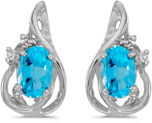 Image of 14k White Gold Oval Blue Topaz And Diamond Teardrop Stud Earrings