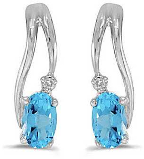 Image of 14k White Gold Oval Blue Topaz And Diamond Wave Earrings