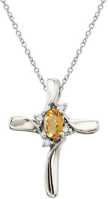 Image of 14K White Gold Oval Citrine & Diamond Cross Pendant (Chain NOT included)