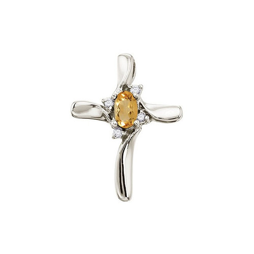 Image of 14K White Gold Oval Citrine & Diamond Cross Pendant (Chain NOT included)