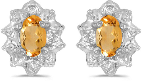 Image of 14k White Gold Oval Citrine And Diamond Stud Earrings