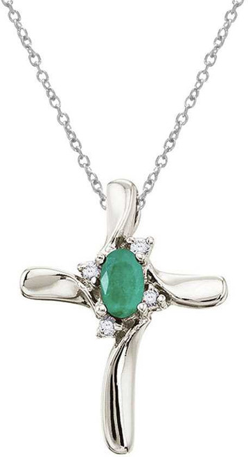 Image of 14K White Gold Oval Emerald & Diamond Cross Pendant (Chain NOT included)