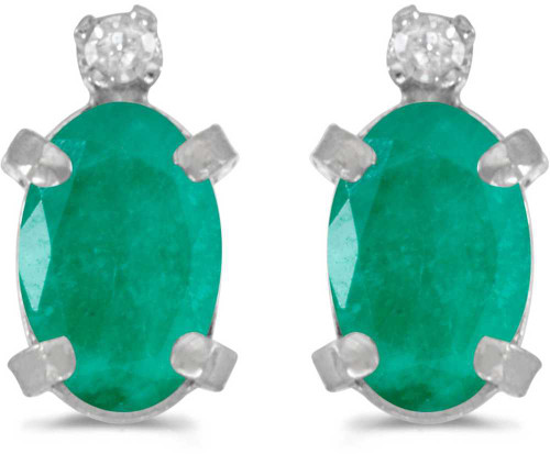 Image of 14k White Gold Oval Emerald And Diamond Stud Earrings (CM-E2209XW-05)