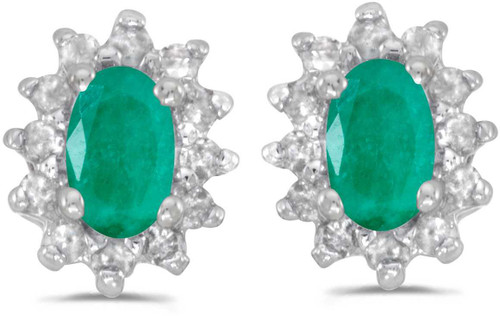 Image of 14k White Gold Oval Emerald And Diamond Stud Earrings (CM-E6410XW-05)