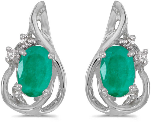 Image of 14k White Gold Oval Emerald And Diamond Teardrop Stud Earrings
