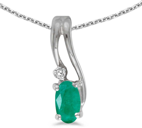 Image of 14k White Gold Oval Emerald And Diamond Wave Pendant (Chain NOT included)