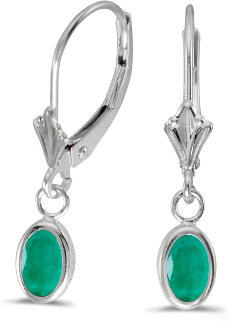Image of 14k White Gold Oval Emerald Bezel Lever-back Earrings