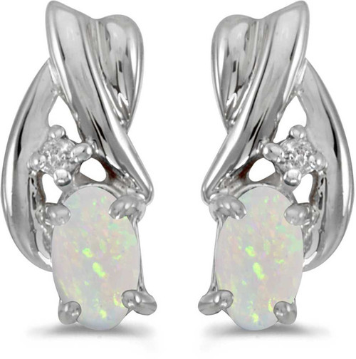 Image of 14k White Gold Oval Opal And Diamond Earrings (CM-E1861XW-10)